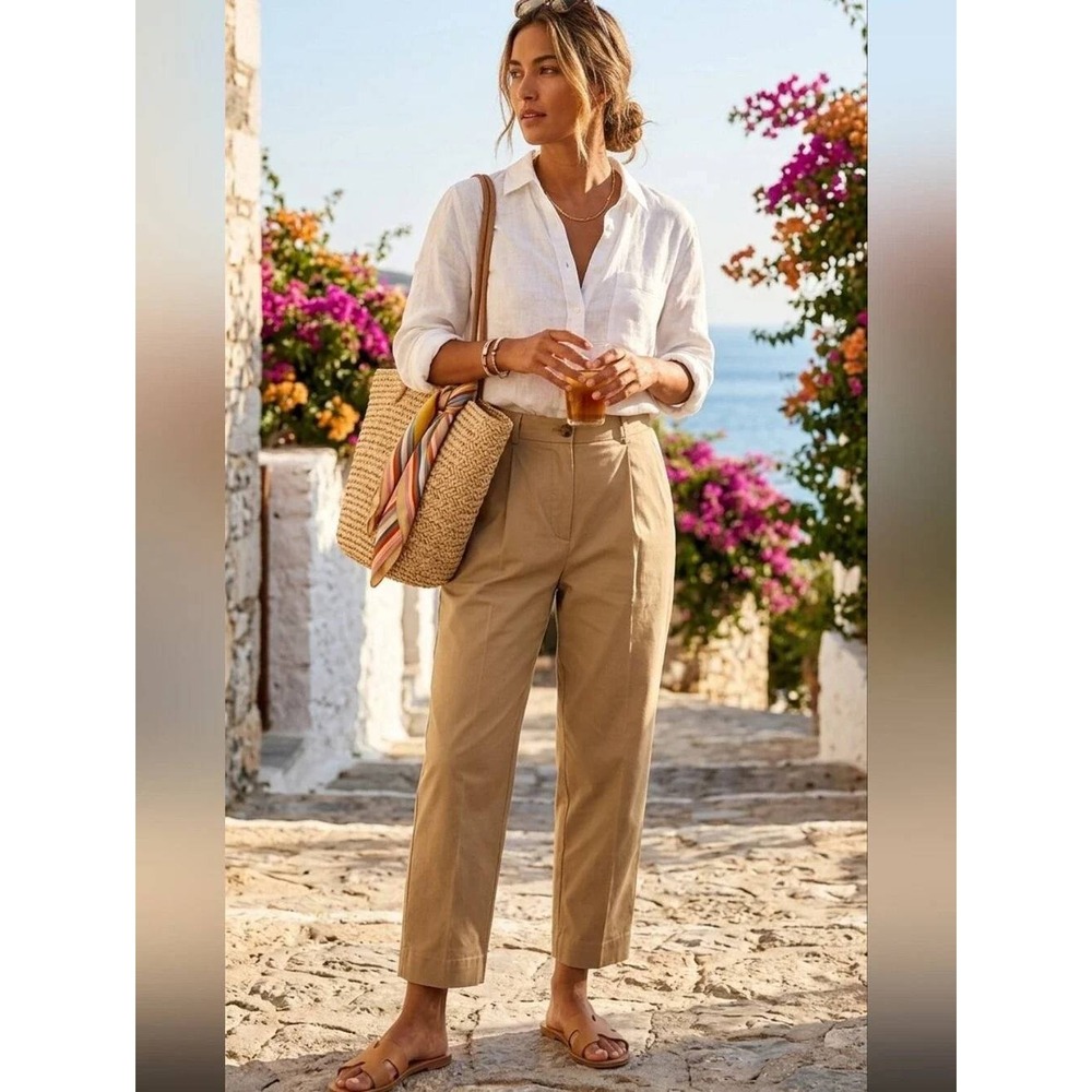 The Reset R Label Pleated Trousers Womens M Tan Linen Blend High Rise Cropped